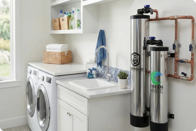 Clean laundry room with Bodyguard GreenWave water conditioning system installed — no salt, no electricity, no wastewater