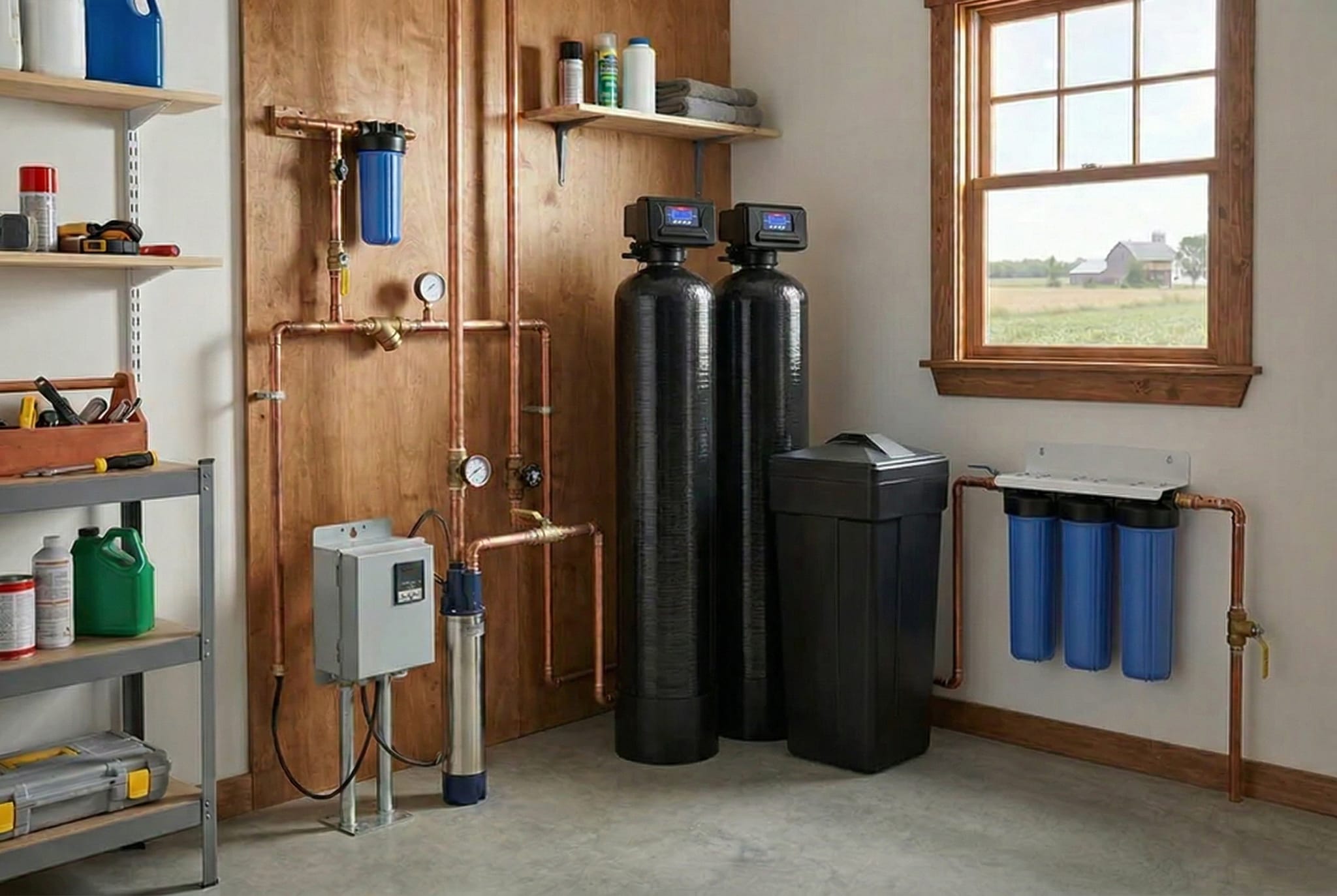 Residential well setup next to a home